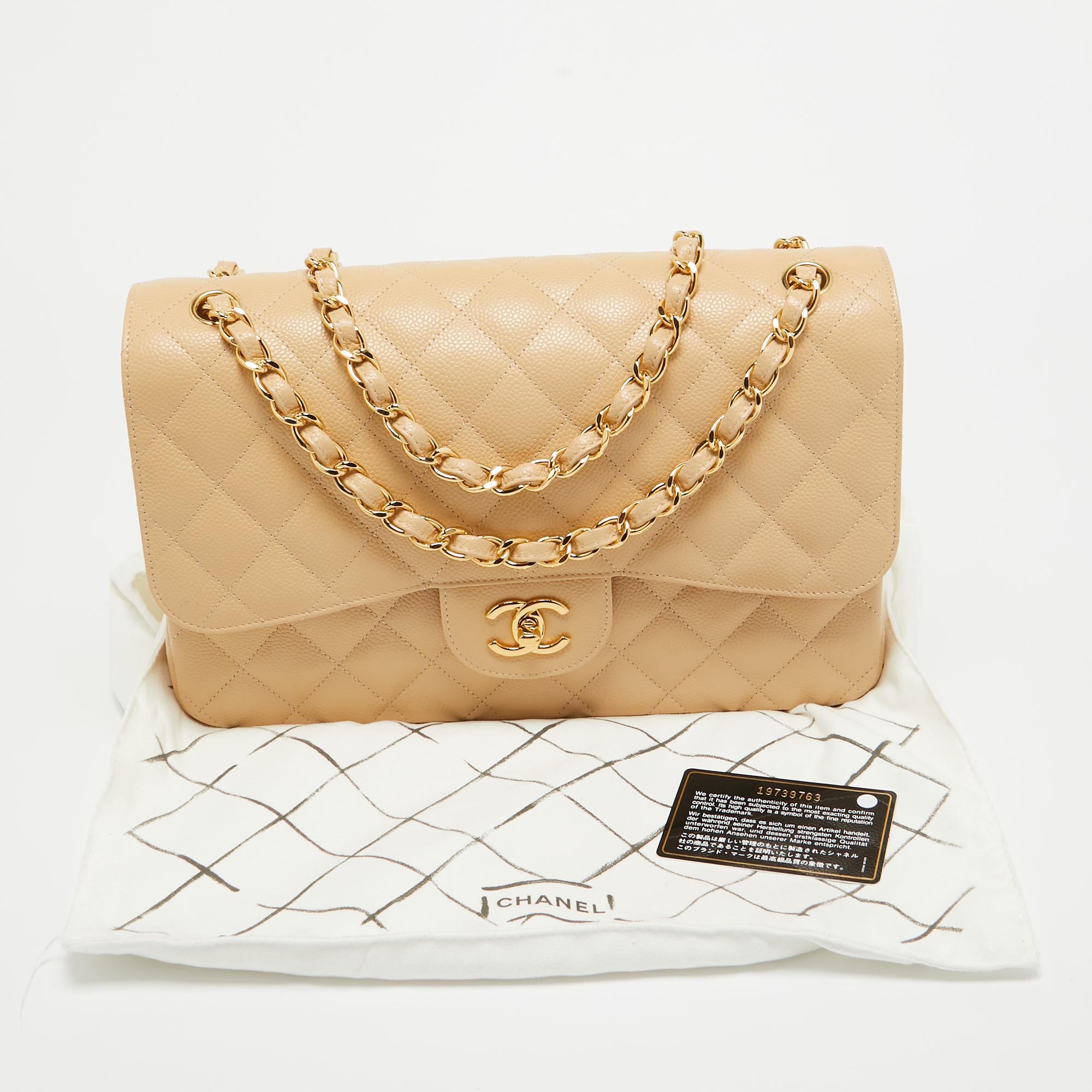 Chanel Beige Quilted Caviar Leather Jumbo Classic Double Flap Bag For Sale 7