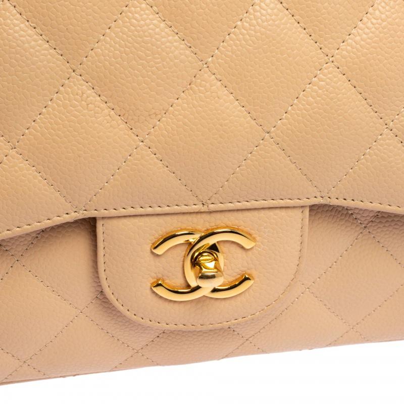 Chanel Beige Quilted Caviar Leather Jumbo Classic Double Flap Bag 4