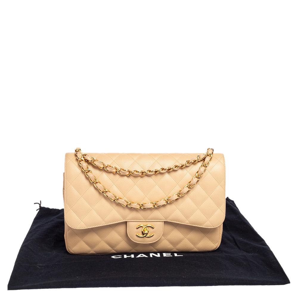 Chanel Beige Quilted Caviar Leather Jumbo Classic Double Flap Bag 5
