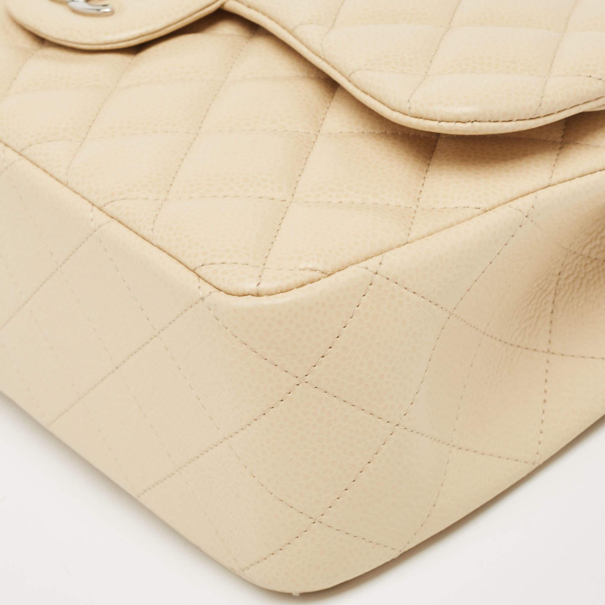 Chanel Beige Quilted Caviar Leather Jumbo Classic Double Flap Bag For Sale 9