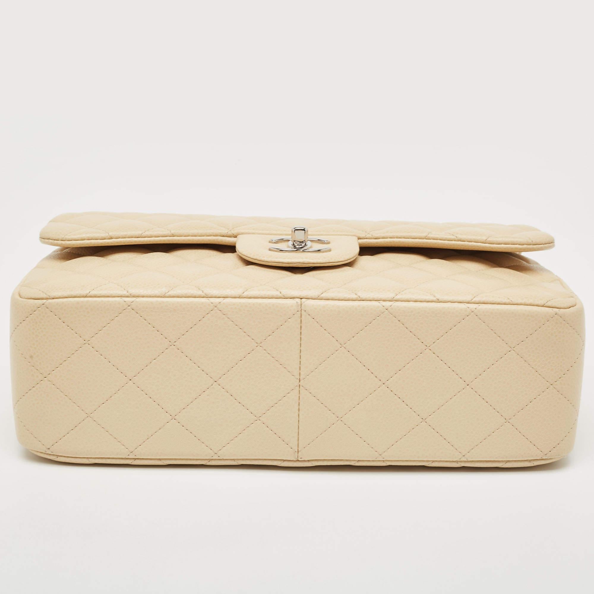 Chanel Beige Quilted Caviar Leather Jumbo Classic Double Flap Bag For Sale 11