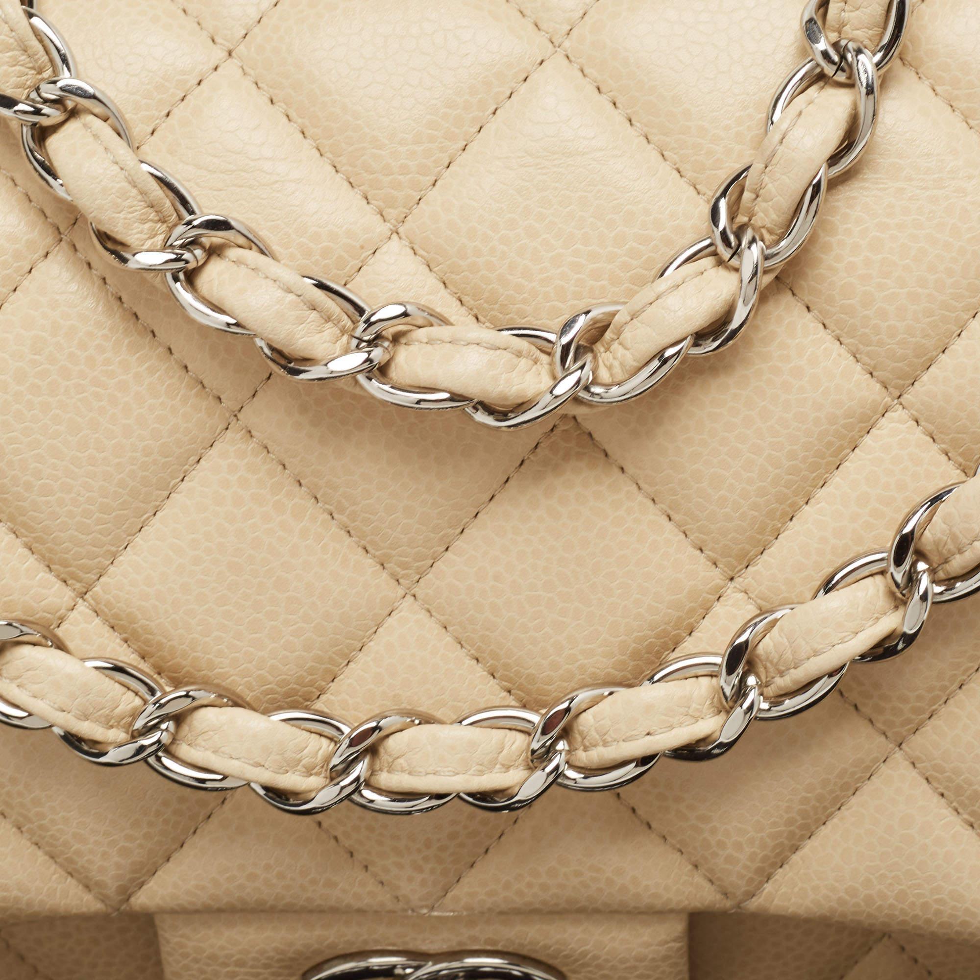 Women's Chanel Beige Quilted Caviar Leather Jumbo Classic Double Flap Bag For Sale