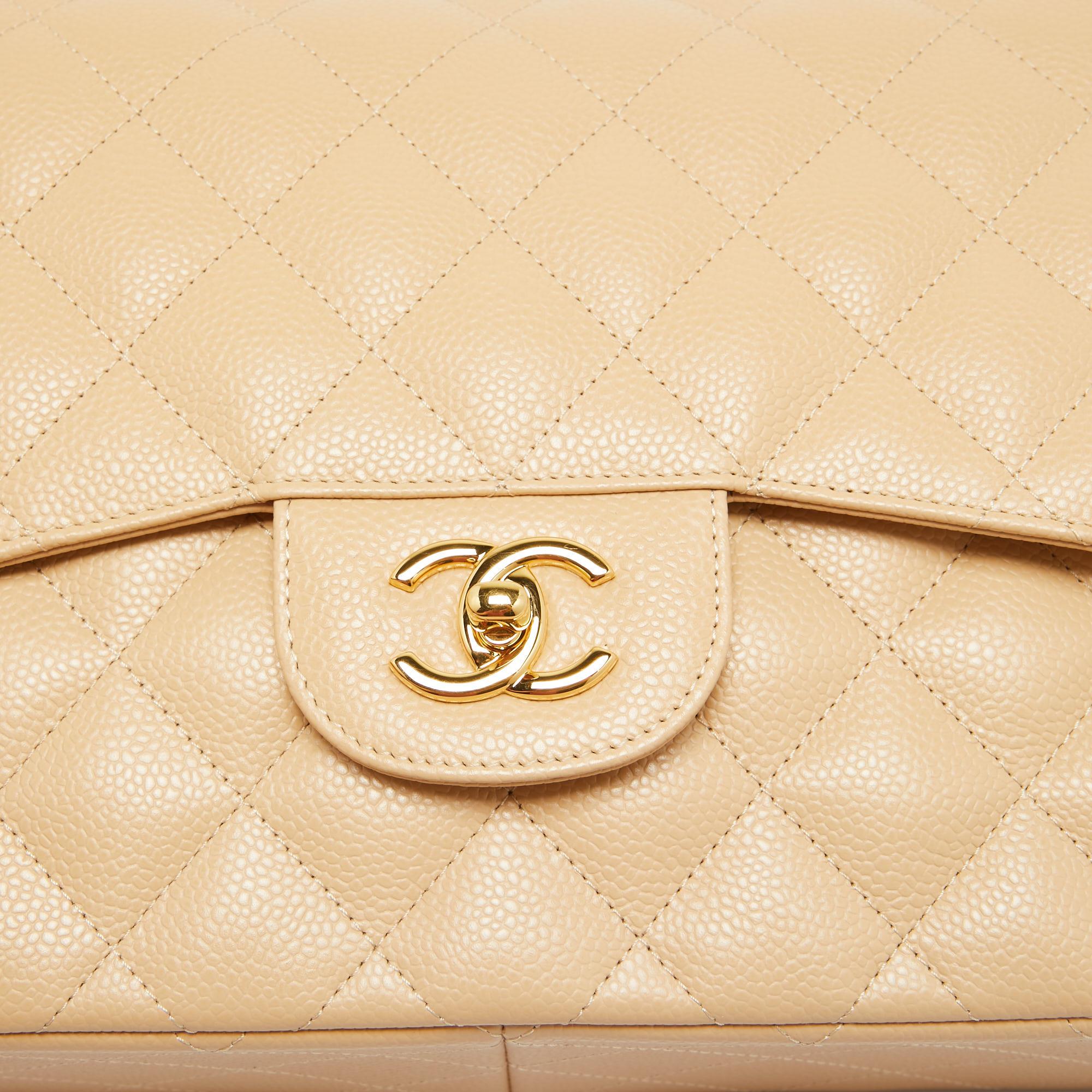 Chanel Beige Quilted Caviar Leather Jumbo Classic Double Flap Bag 2