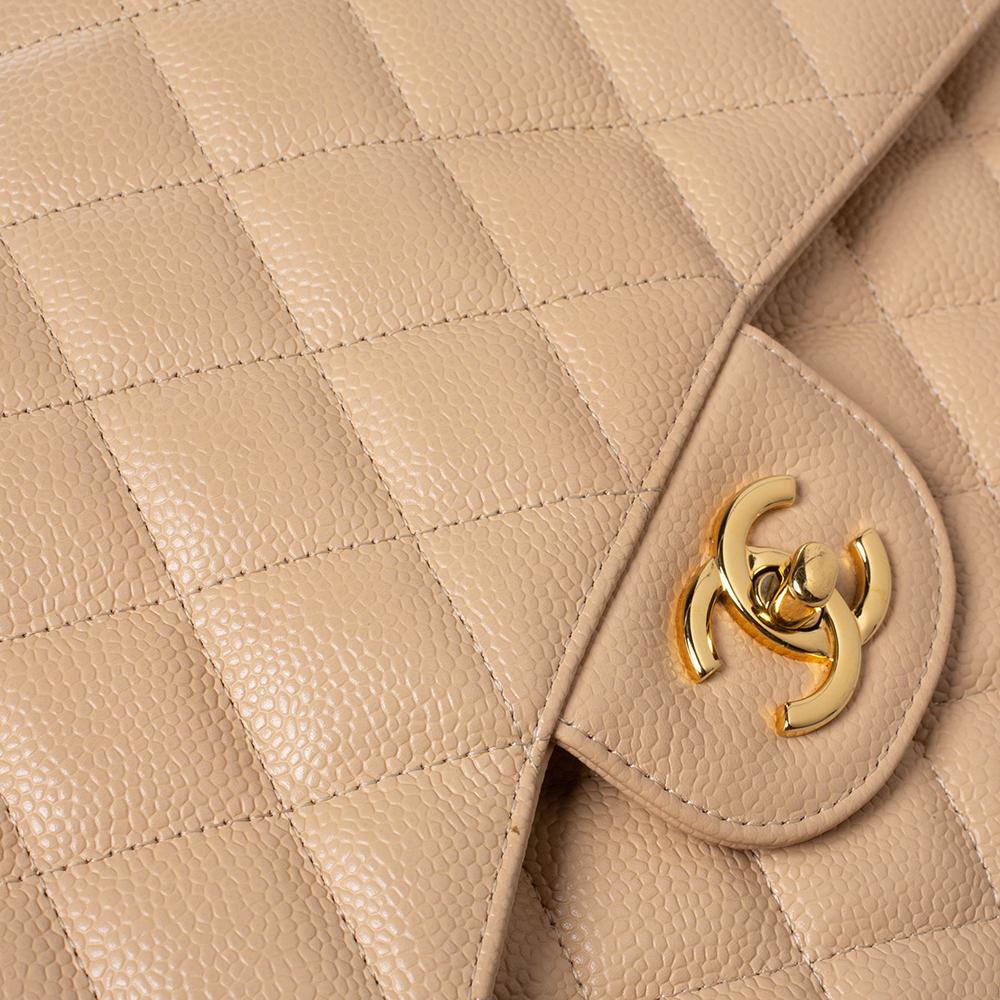 Chanel Beige Quilted Caviar Leather Jumbo Classic Double Flap Bag 1
