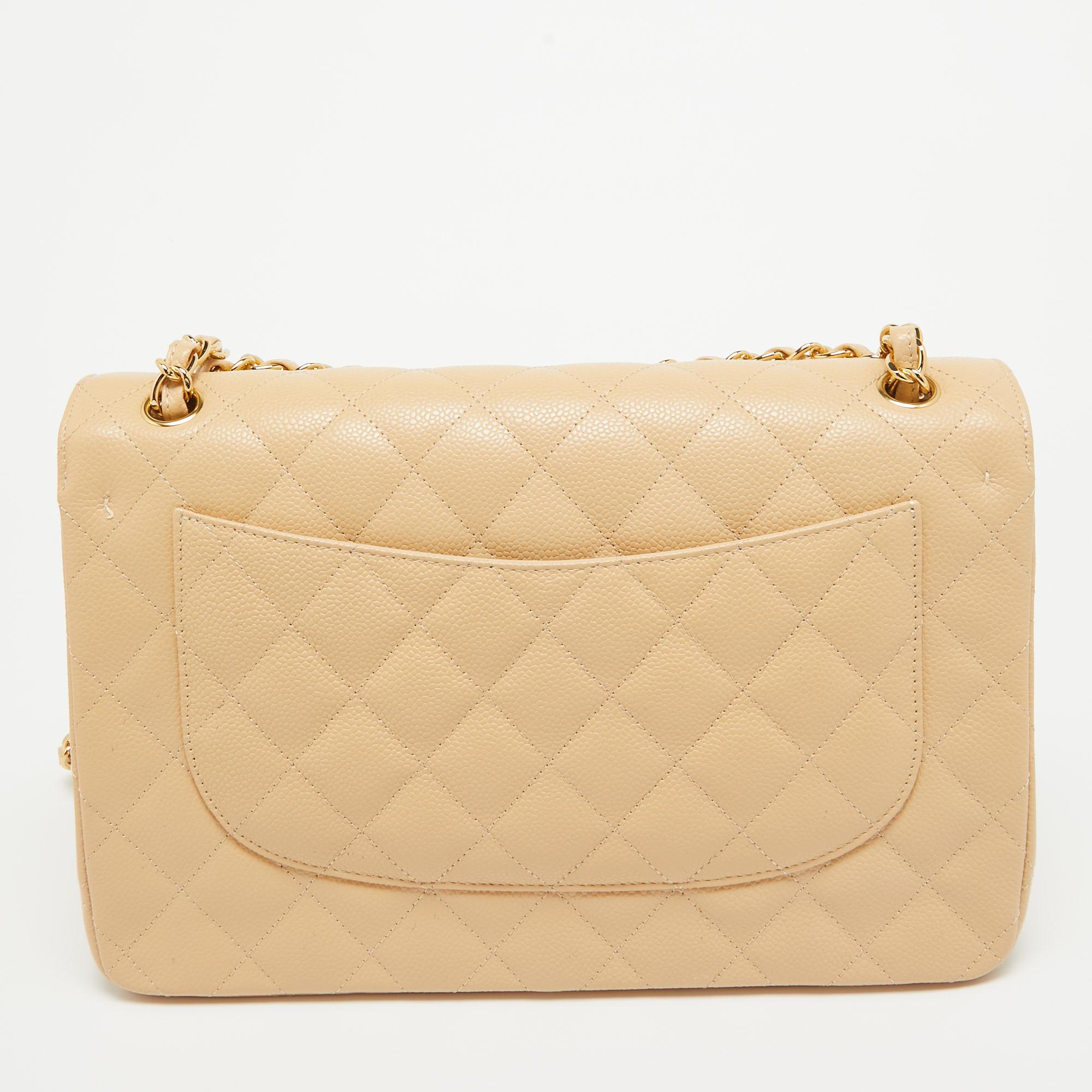 Chanel Beige Quilted Caviar Leather Jumbo Classic Double Flap Bag For Sale 4