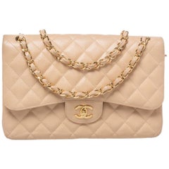 Chanel Beige Quilted Caviar Leather Jumbo Classic Double Flap Bag