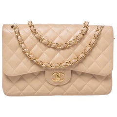 Chanel Beige Quilted Caviar Leather Jumbo Classic Double Flap Bag