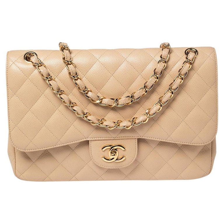 Chanel Beige Quilted Caviar Leather Jumbo Classic Double Flap Bag at 1stDibs