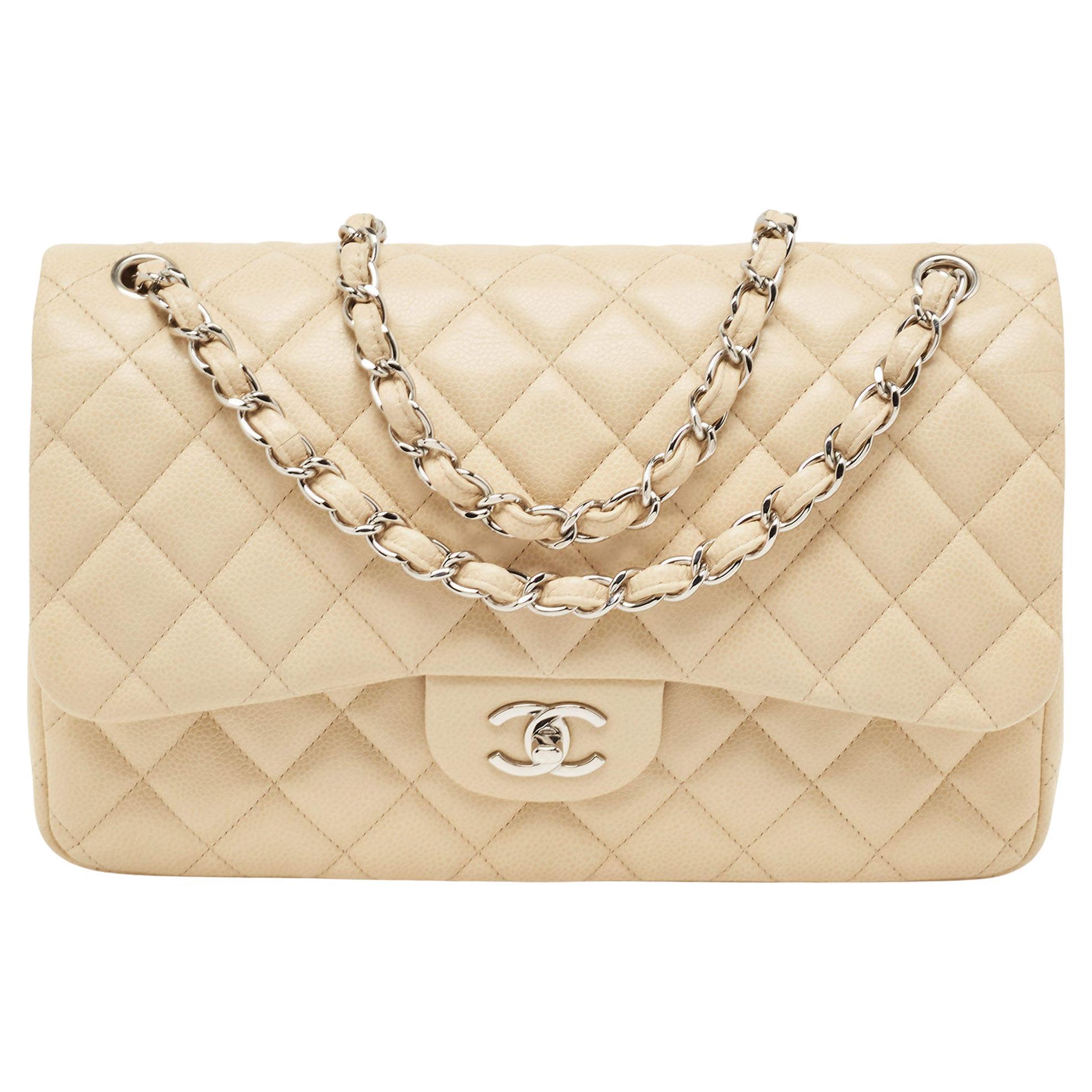 Chanel Beige Quilted Caviar Leather Jumbo Classic Double Flap Bag For Sale
