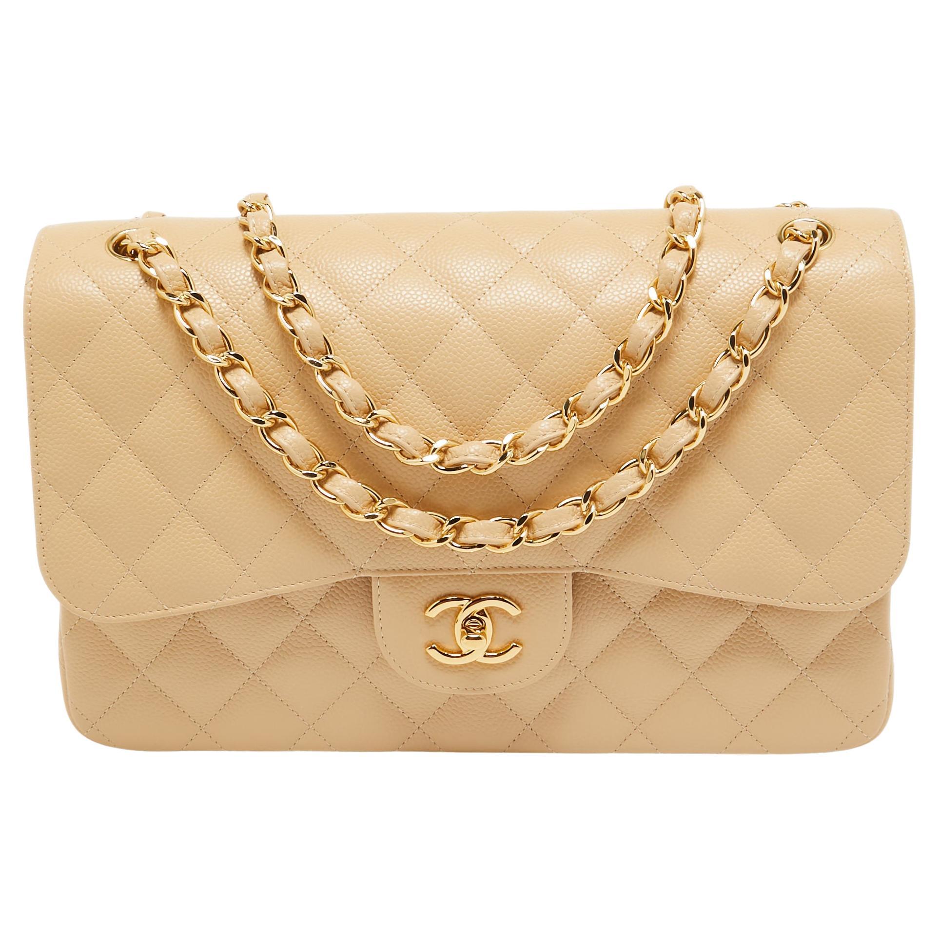 Chanel Beige Quilted Caviar Leather Jumbo Classic Double Flap Bag For Sale