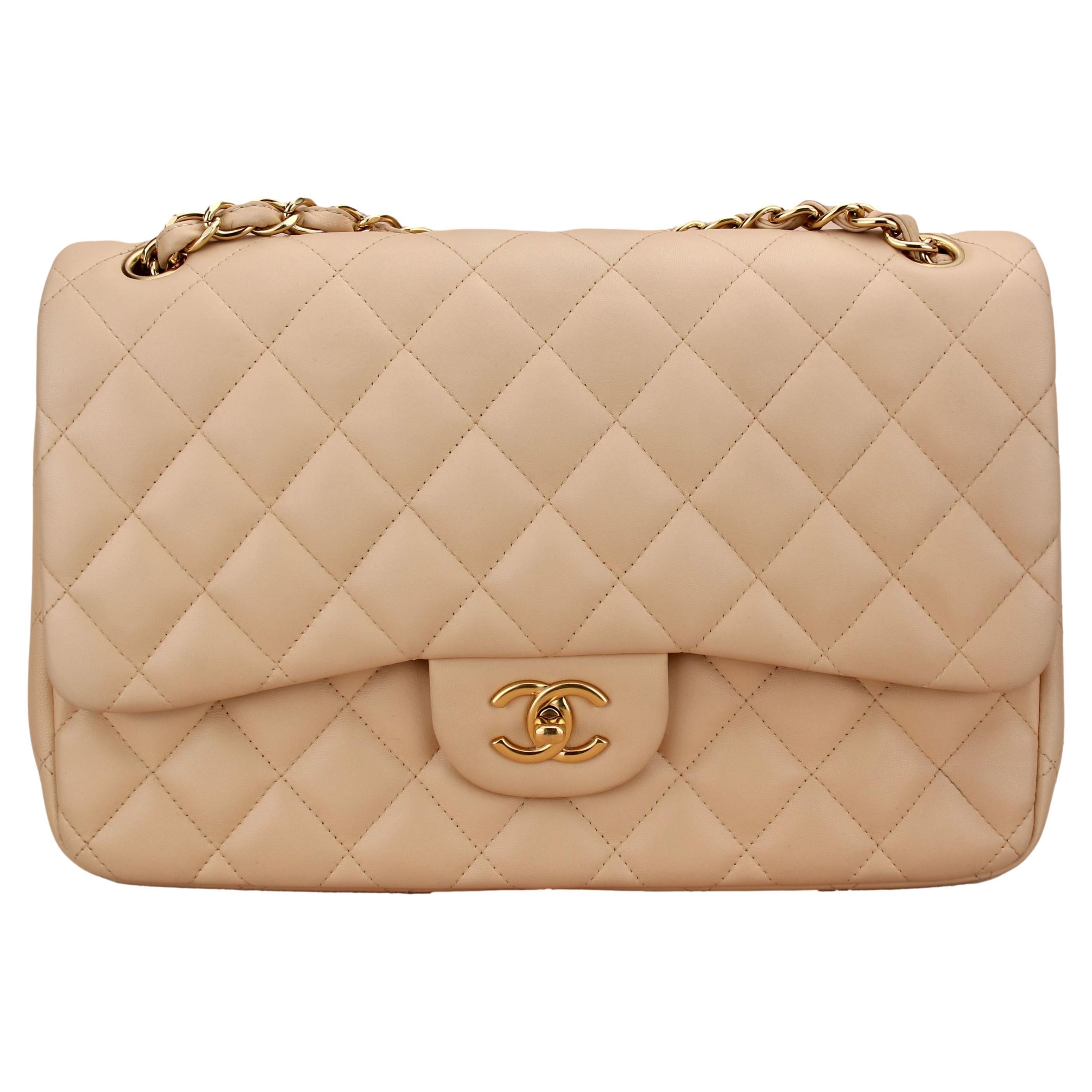 Chanel Beige Lambskin Leather Jumbo Classic Double Flap Bag