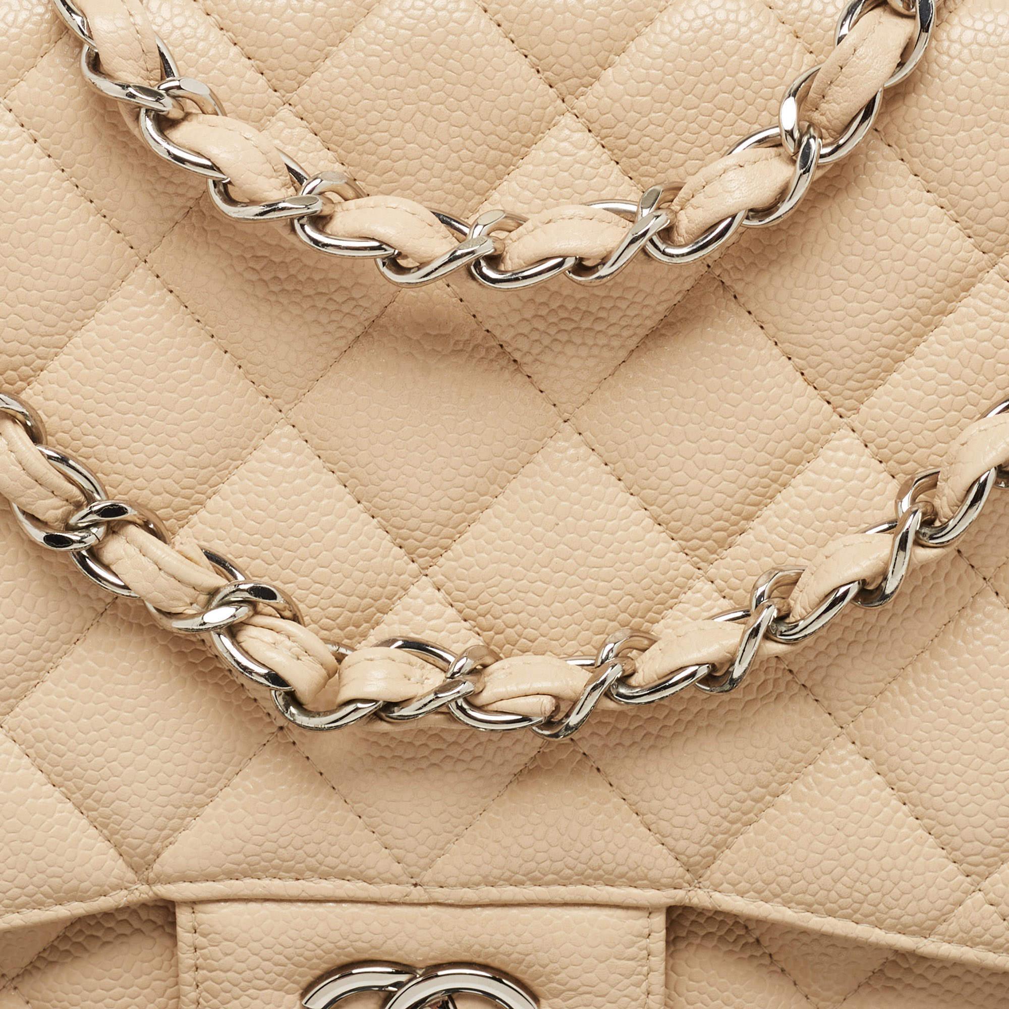 Chanel Beige Quilted Caviar Leather Jumbo Classic Single Flap Bag 7