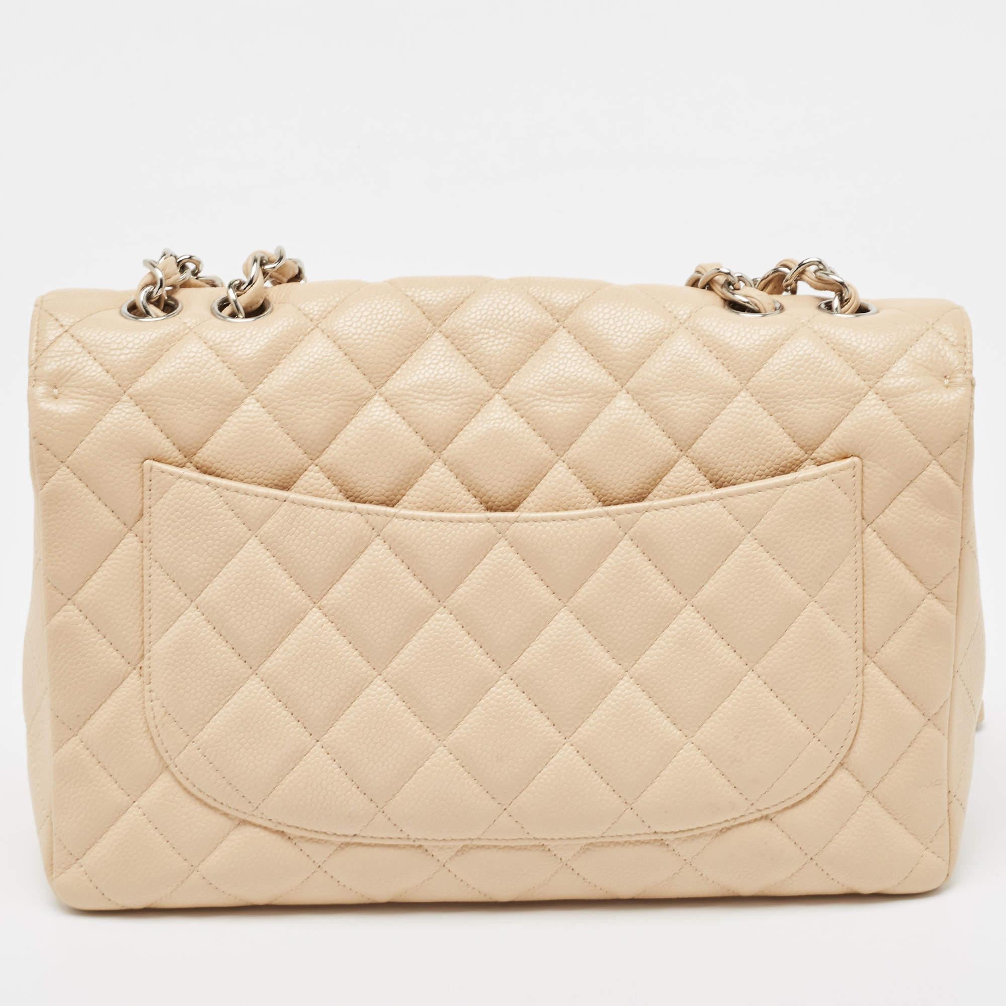 Chanel Beige Quilted Caviar Leather Jumbo Classic Single Flap Bag 8