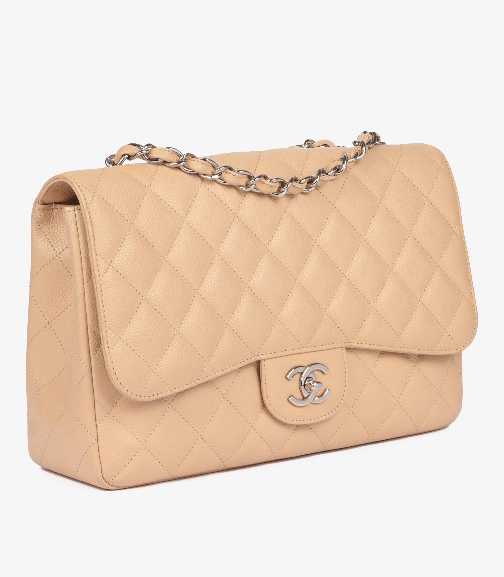 Chanel Beige Quilted Caviar Leather Jumbo Classic Single Flap Bag In Excellent Condition In Bishop's Stortford, Hertfordshire