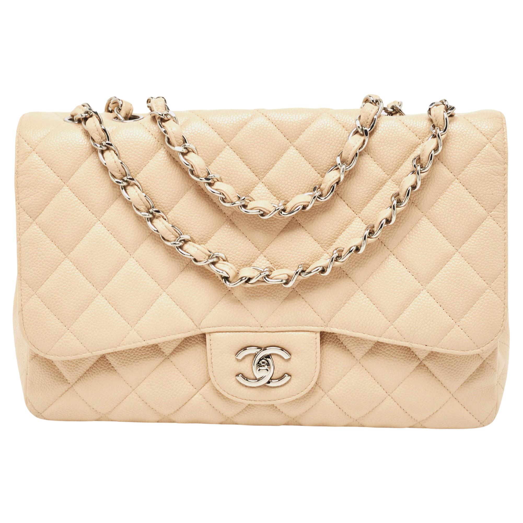Chanel Beige Quilted Caviar Leather Jumbo Classic Single Flap Bag