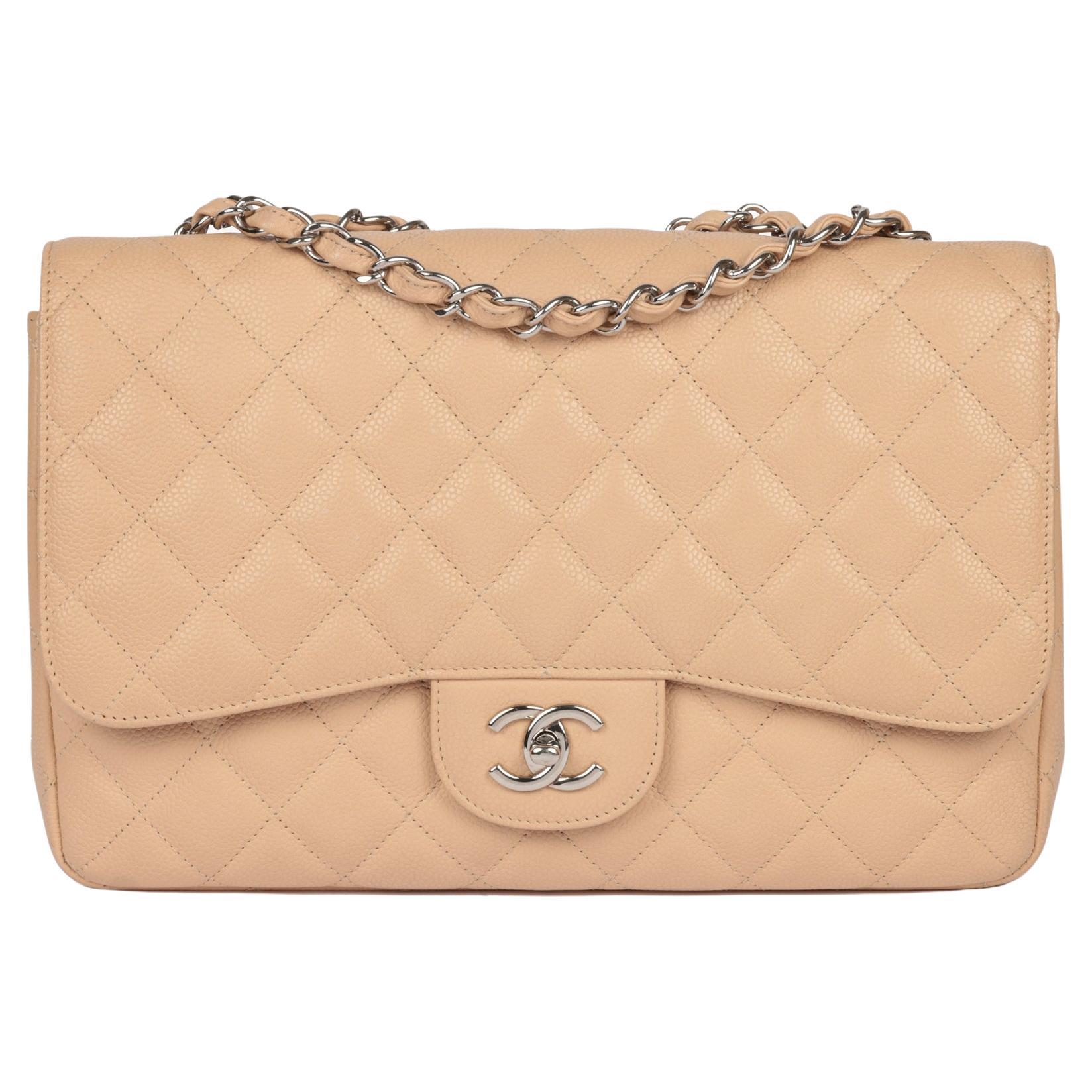 Chanel Beige Quilted Caviar Leather Jumbo Classic Single Flap Bag For Sale  at 1stDibs