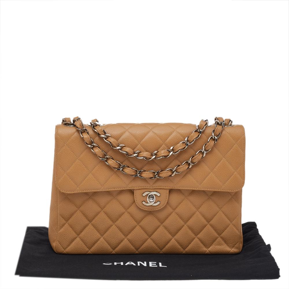 Chanel Beige Quilted Caviar Leather Jumbo Vintage Classic Single Flap Bag 7