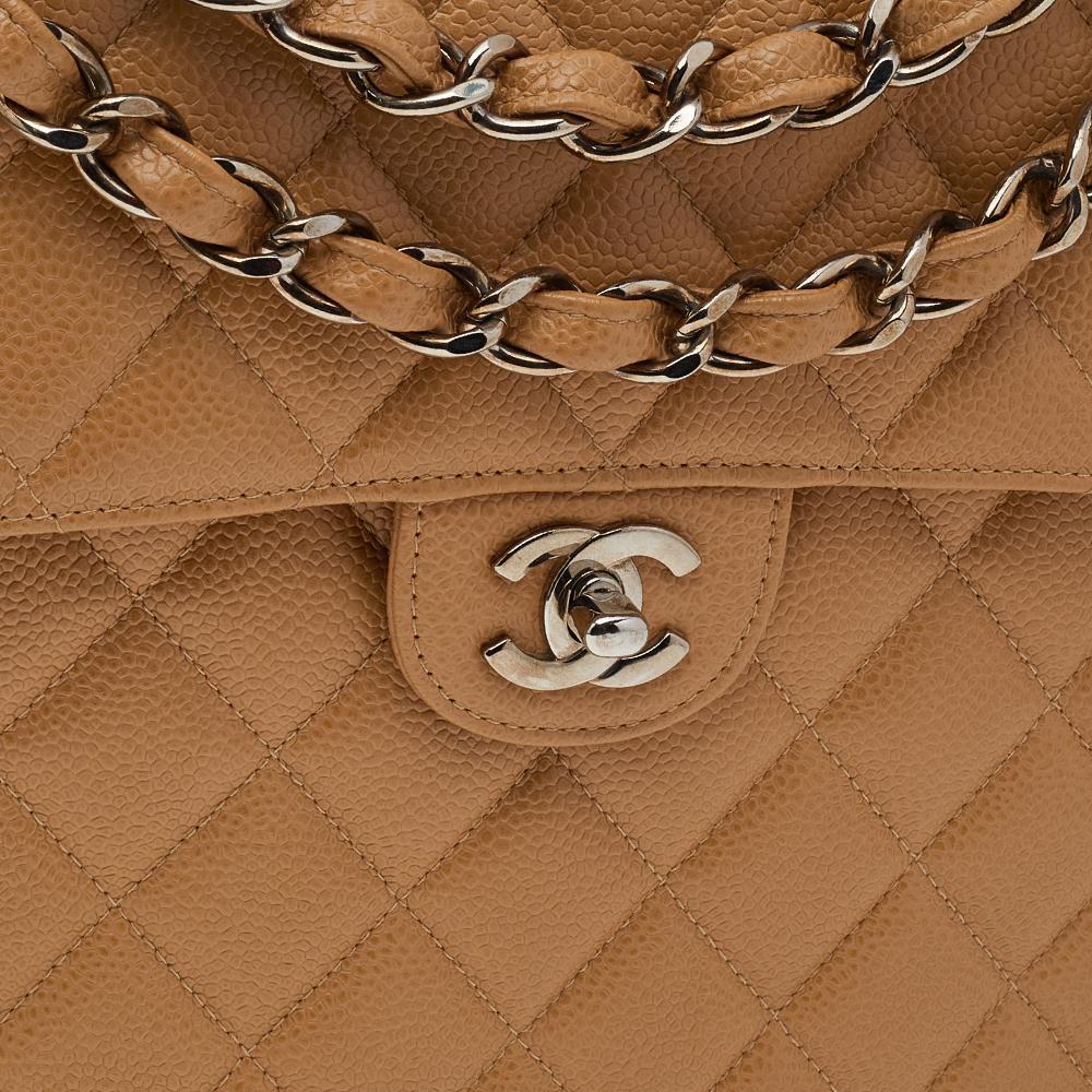 Chanel Beige Quilted Caviar Leather Jumbo Vintage Classic Single Flap Bag 3