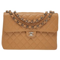 Chanel Beige Quilted Caviar Leather Jumbo Vintage Classic Single Flap Bag