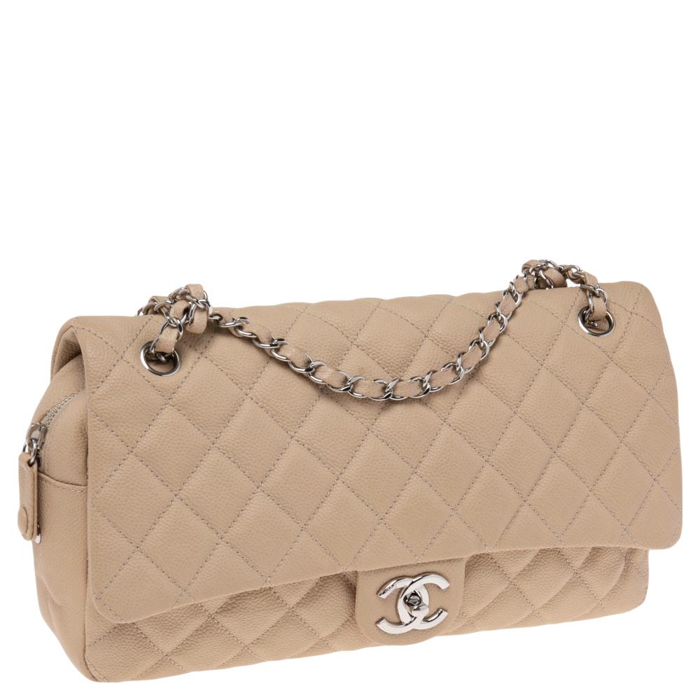 Chanel Beige Quilted Caviar Leather Large Easy Flap Bag 3