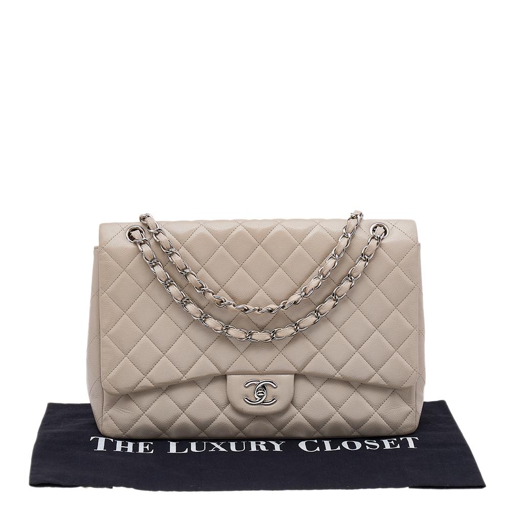 Chanel Beige Quilted Caviar Leather Maxi Classic Single Flap Bag 3