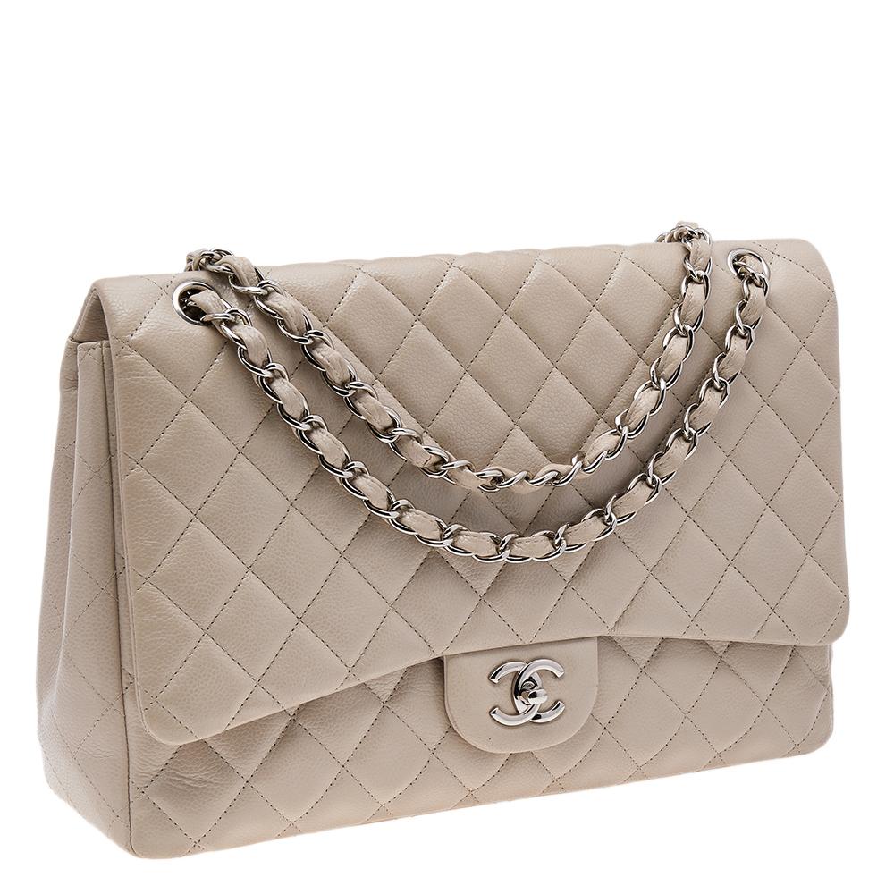 Chanel Beige Quilted Caviar Leather Maxi Classic Single Flap Bag 4