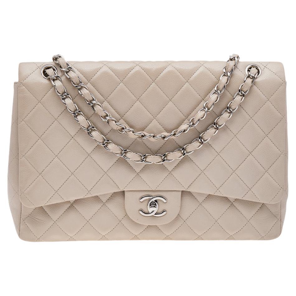 Chanel Beige Quilted Caviar Leather Maxi Classic Single Flap Bag