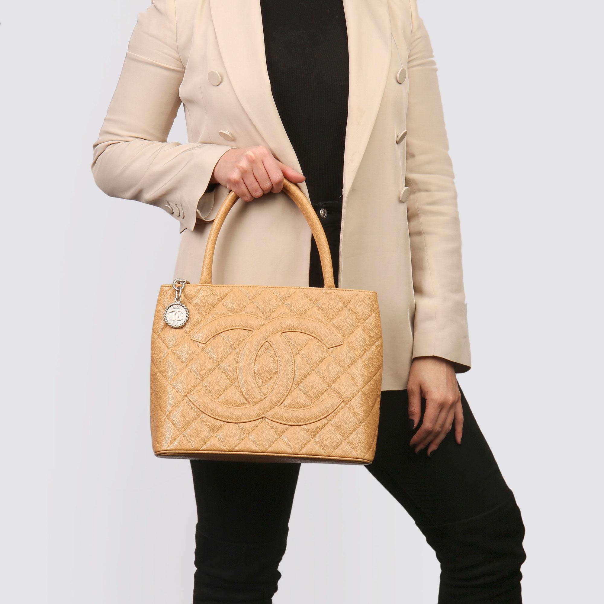 Chanel Beige Quilted Caviar Leather Medallion Tote 8