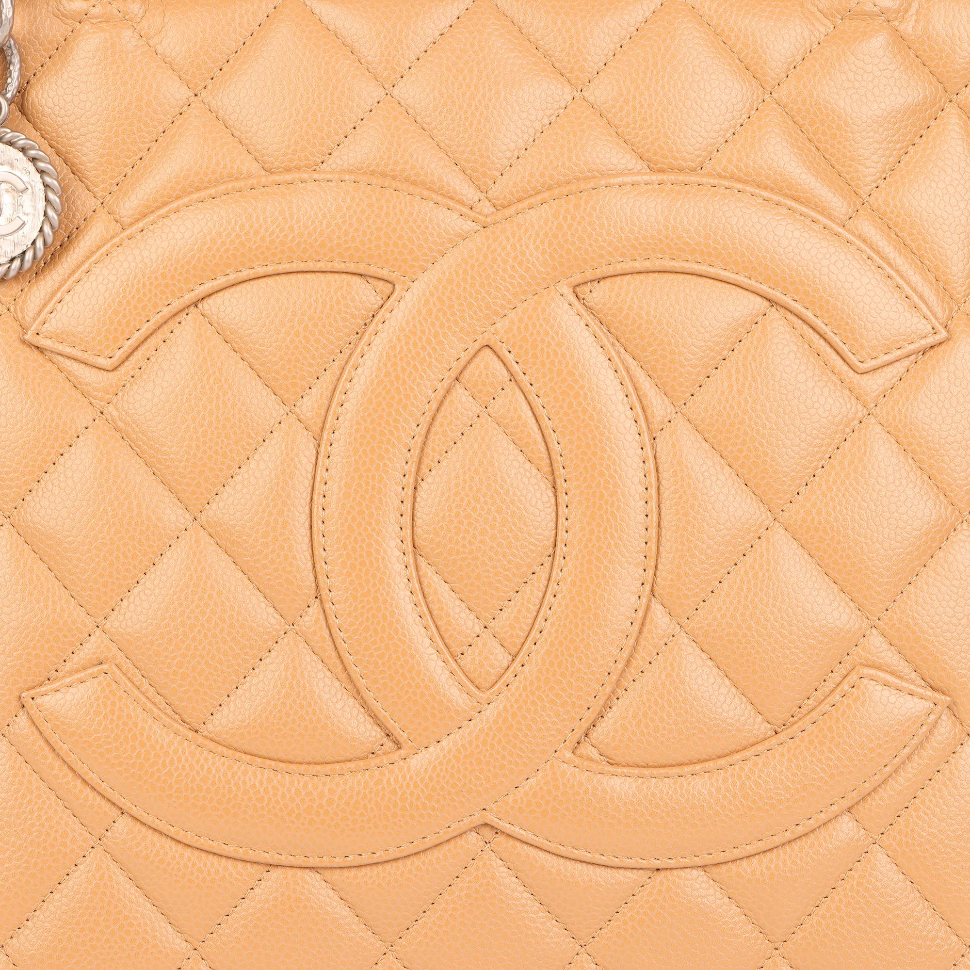 Chanel Beige Quilted Caviar Leather Medallion Tote  8