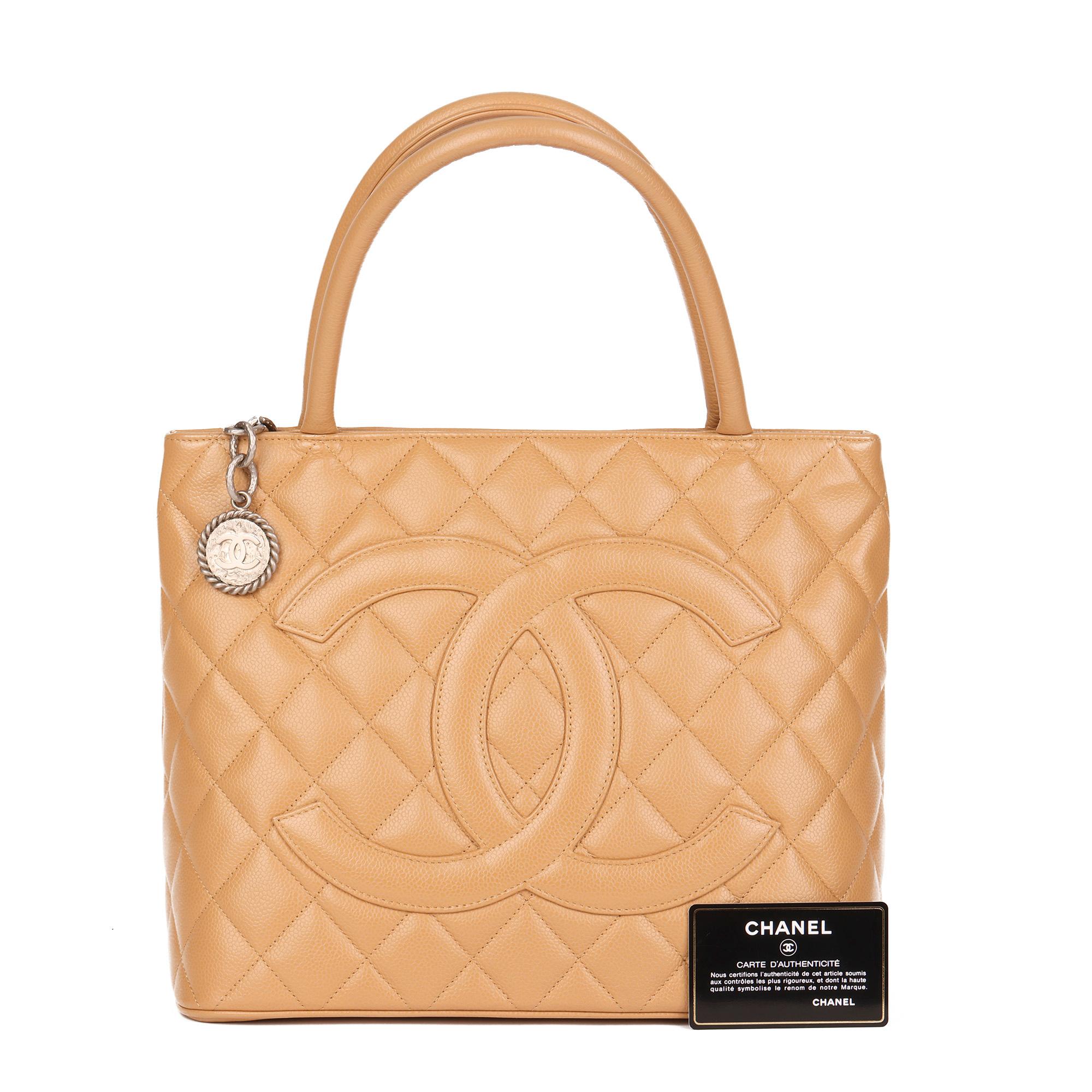 Women's Chanel Beige Quilted Caviar Leather Medallion Tote 