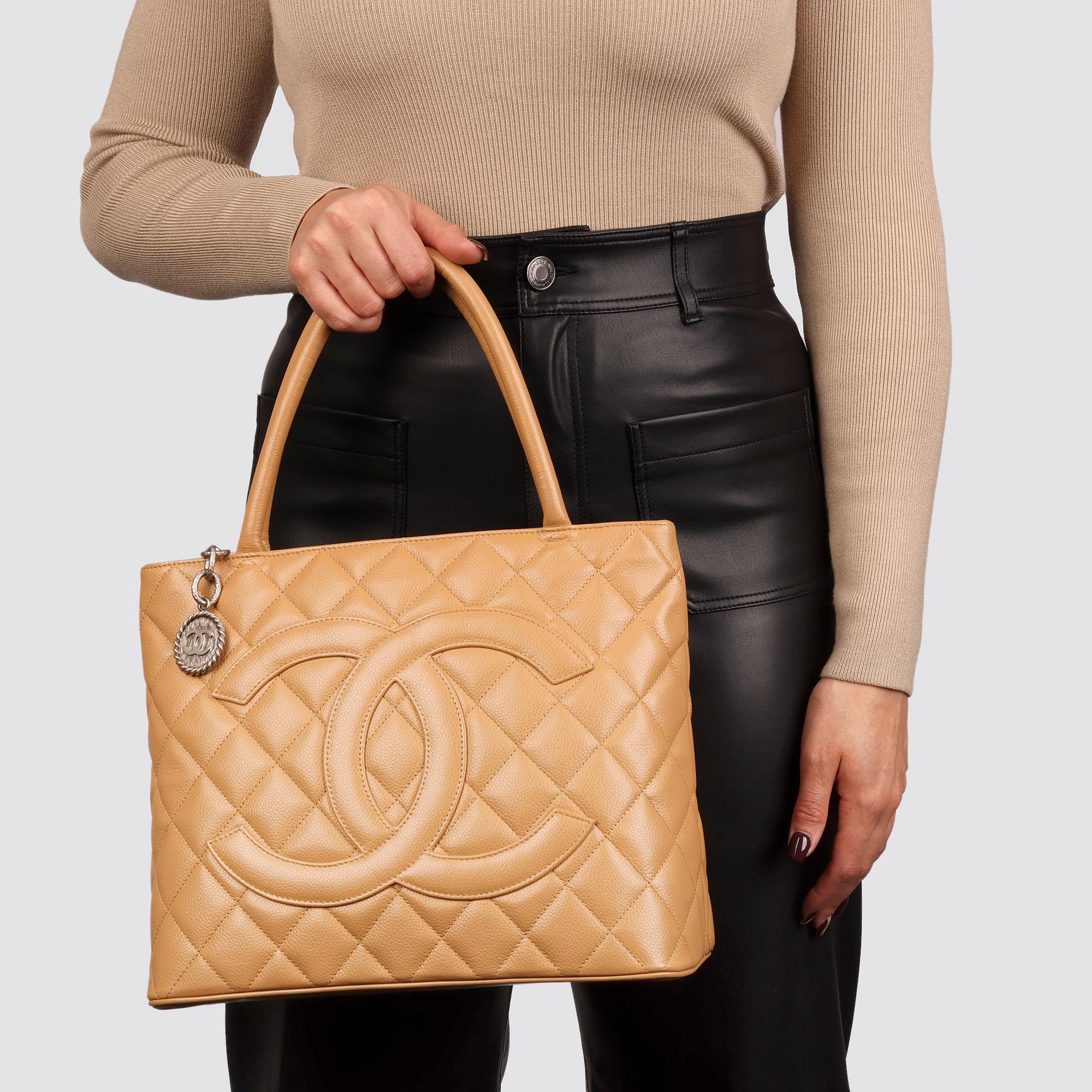 Chanel Beige Quilted Caviar Leather Medallion Tote  1