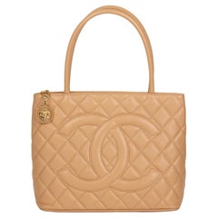 Chanel Beige Quilted Caviar Leather Medallion Tote 