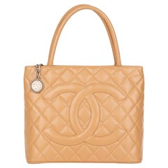 Chanel Beige Quilted Caviar Leather Medallion Tote 