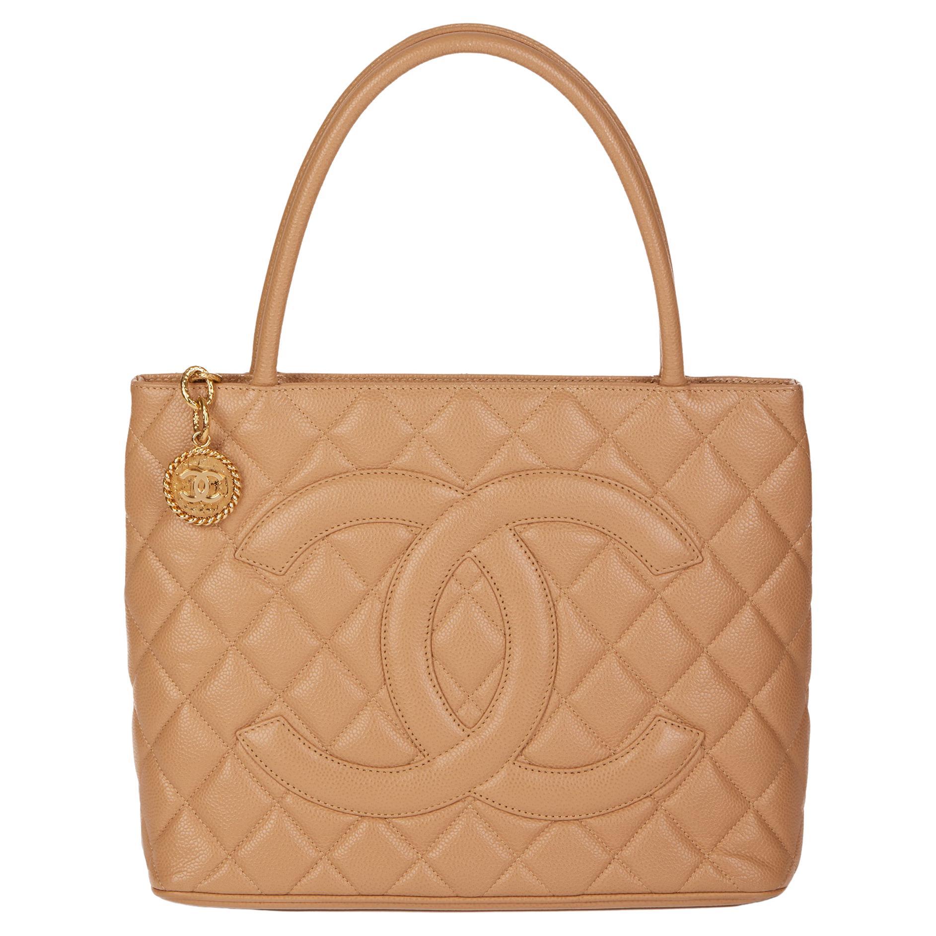 chanel beige quilted caviar leather medallion tote