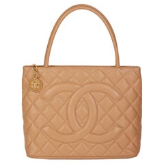 Chanel Beige Quilted Caviar Leather Medallion Tote