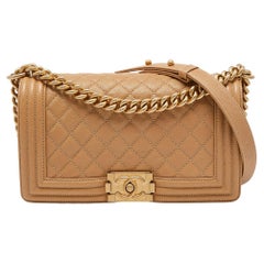 Chanel Beige Quilted Caviar Leather Medium Boy Flap Bag