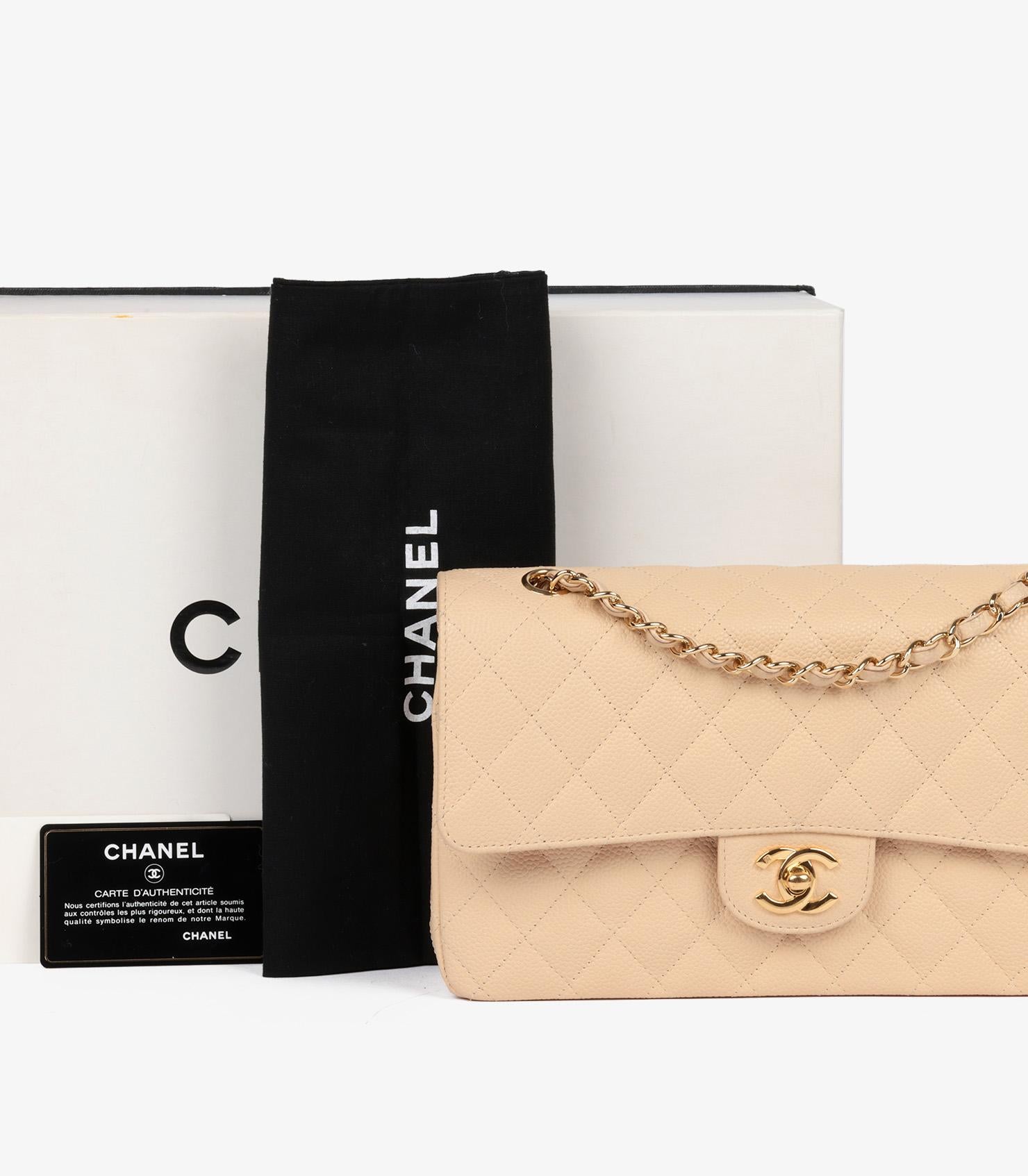 Bolso Chanel Beige Acolchado Piel Caviar Clásico Mediano Doble Solapa 8