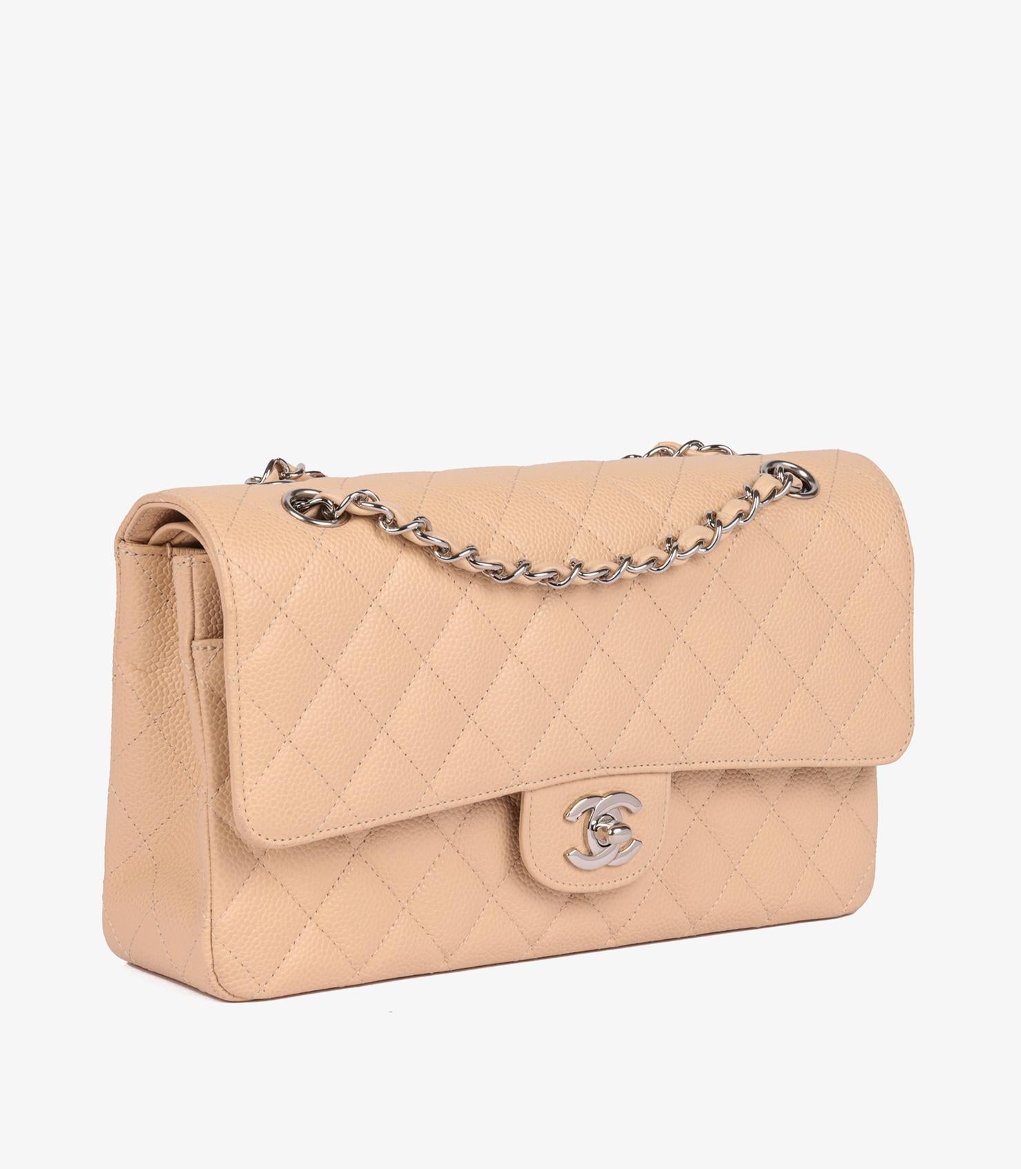 Chanel Beige Quilted Caviar Leather Medium Classic Double Flap Bag In Excellent Condition For Sale In Bishop's Stortford, Hertfordshire