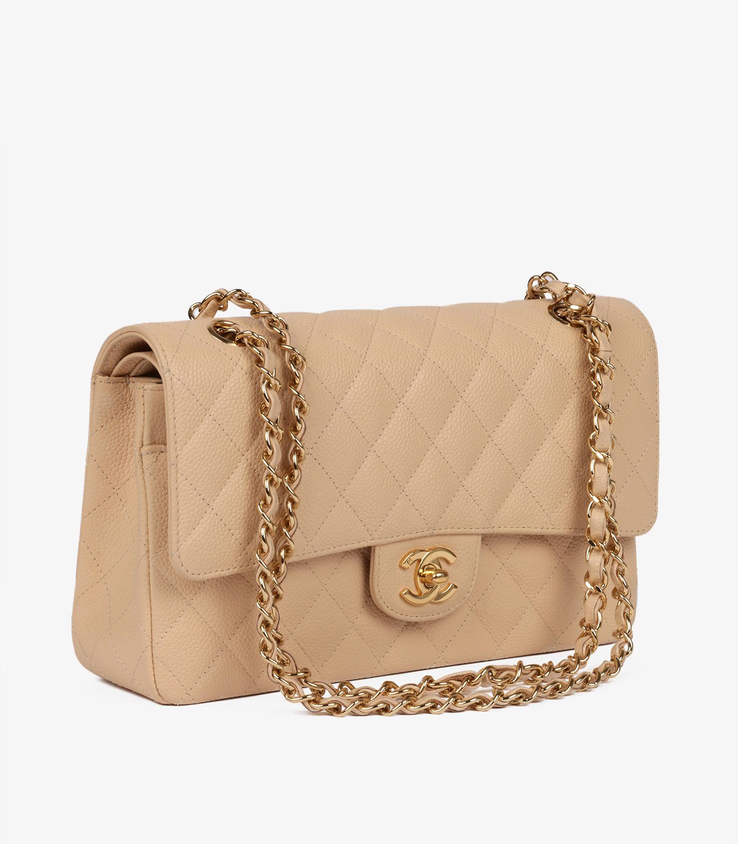 Chanel Beige Quilted Caviar Leather Medium Classic Double Flap Bag In Excellent Condition For Sale In Bishop's Stortford, Hertfordshire