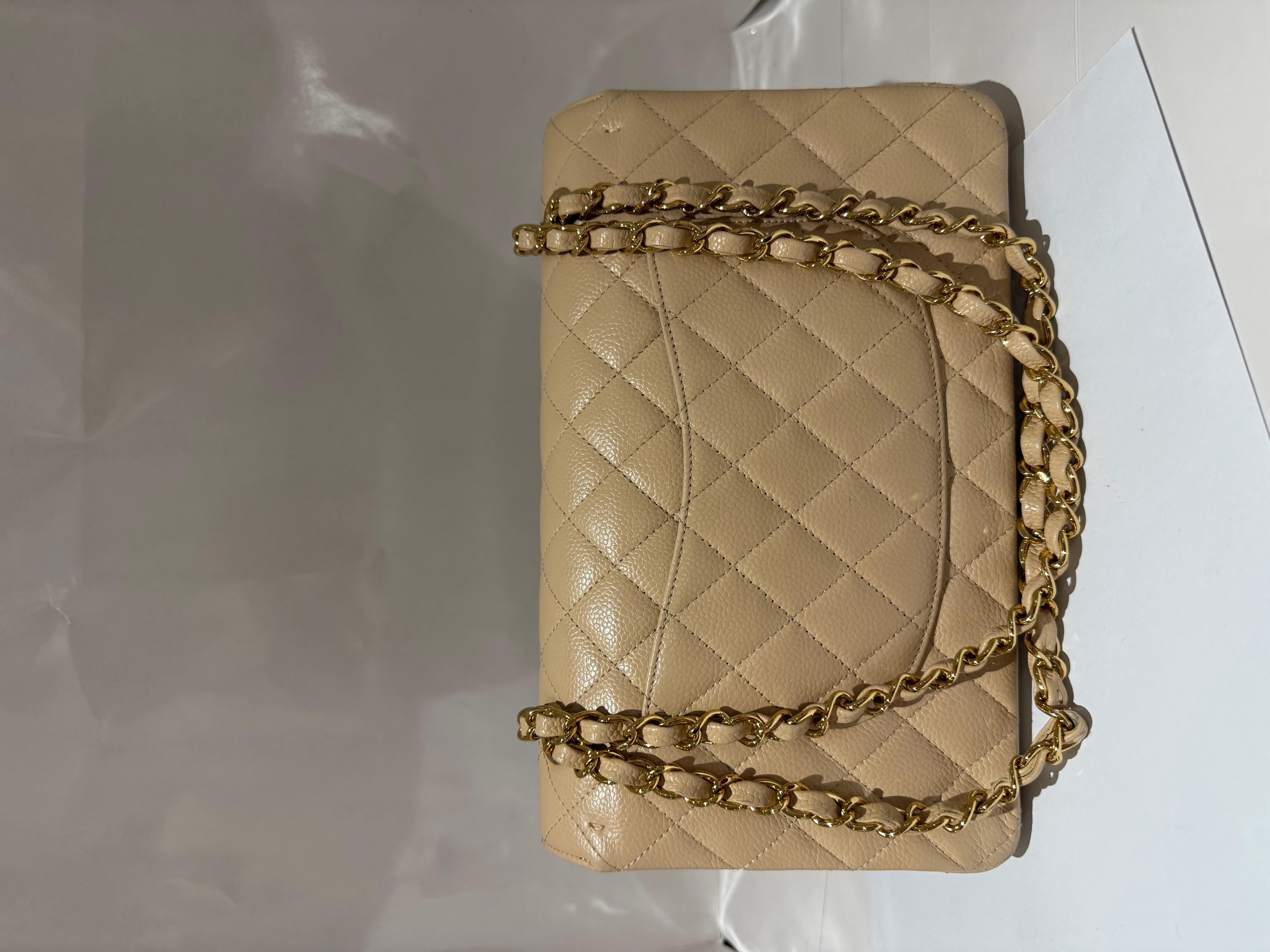 Chanel Beige Quilted Caviar Leather Medium Classic Double Flap Bag In Excellent Condition In London, England