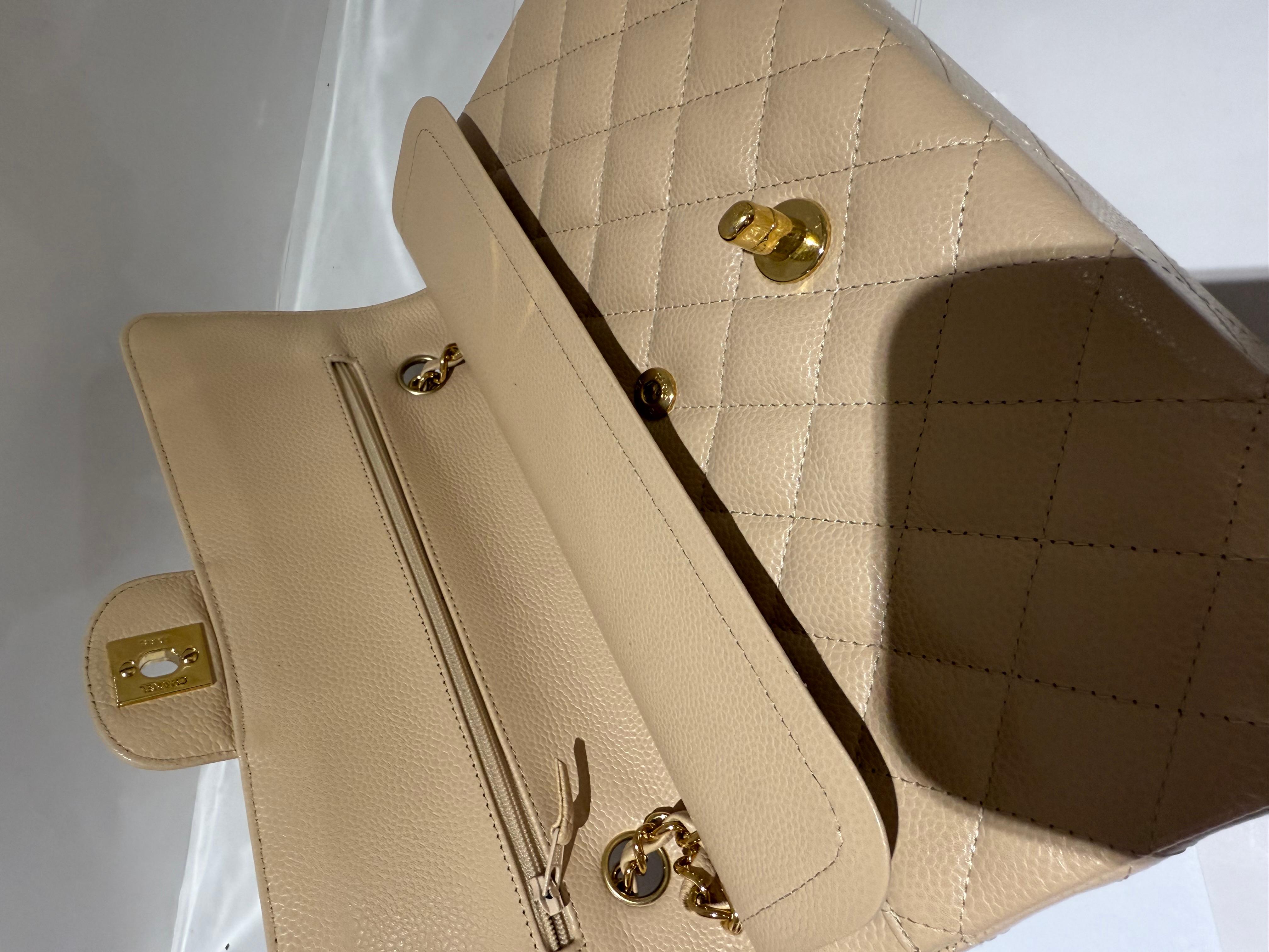 Chanel Beige Quilted Caviar Leather Medium Classic Double Flap Bag 2