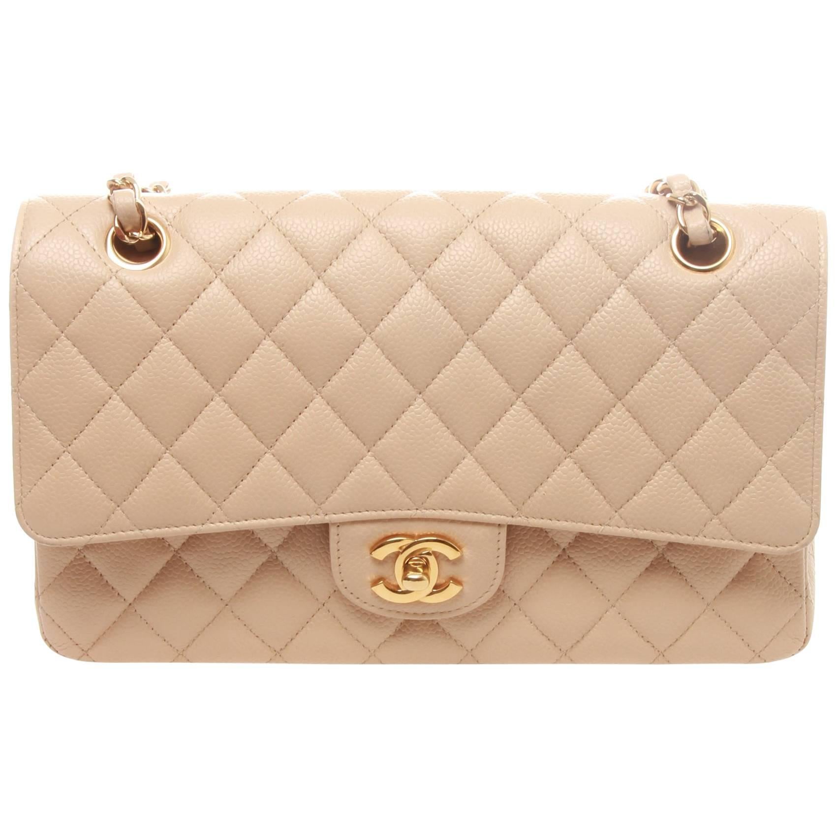 Chanel Beige Quilted Caviar Leather Medium Classic Double Flap Bag