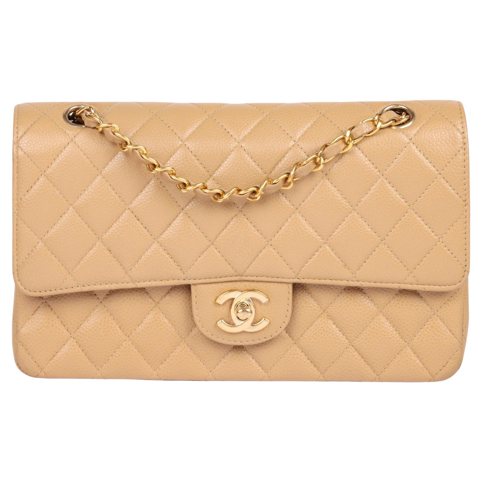 CHANEL Beige Quilted Caviar Leather Medium Classic Double Flap Bag
