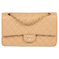 CHANEL Beige Quilted Caviar Leather Medium Classic Double Flap Bag 
