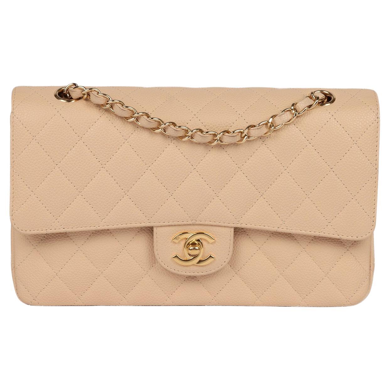 Chanel Beige Quilted Caviar Leather Medium Classic Double Flap Bag For Sale
