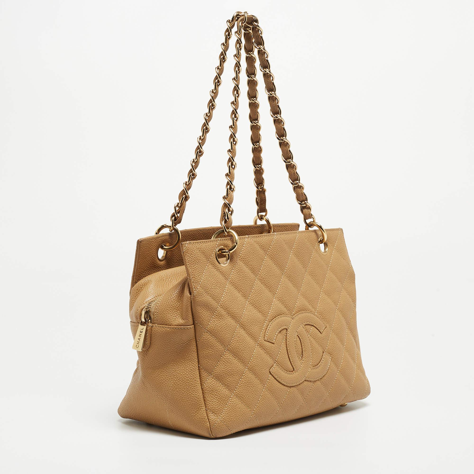 Women's Chanel Beige Quilted Caviar Leather Petite Timeless Shopper Tote