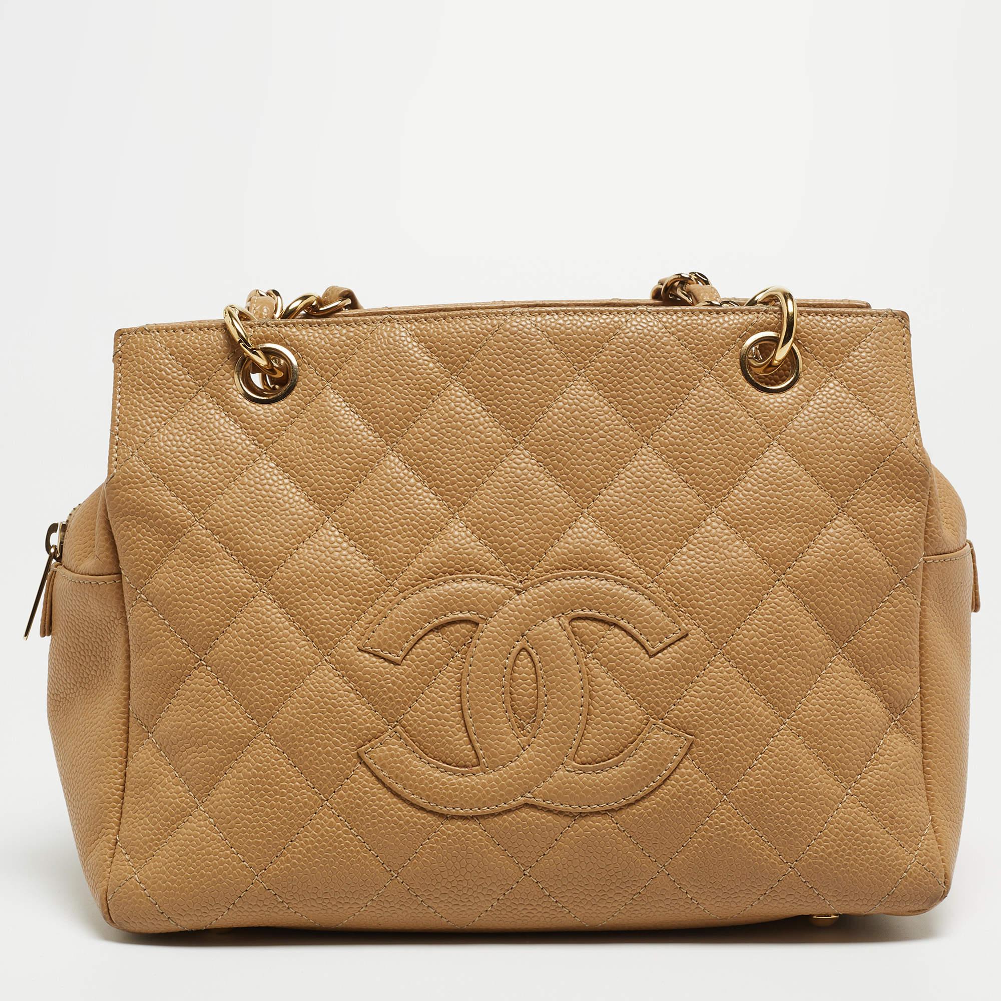 Chanel Beige Quilted Caviar Leather Petite Timeless Shopper Tote 2