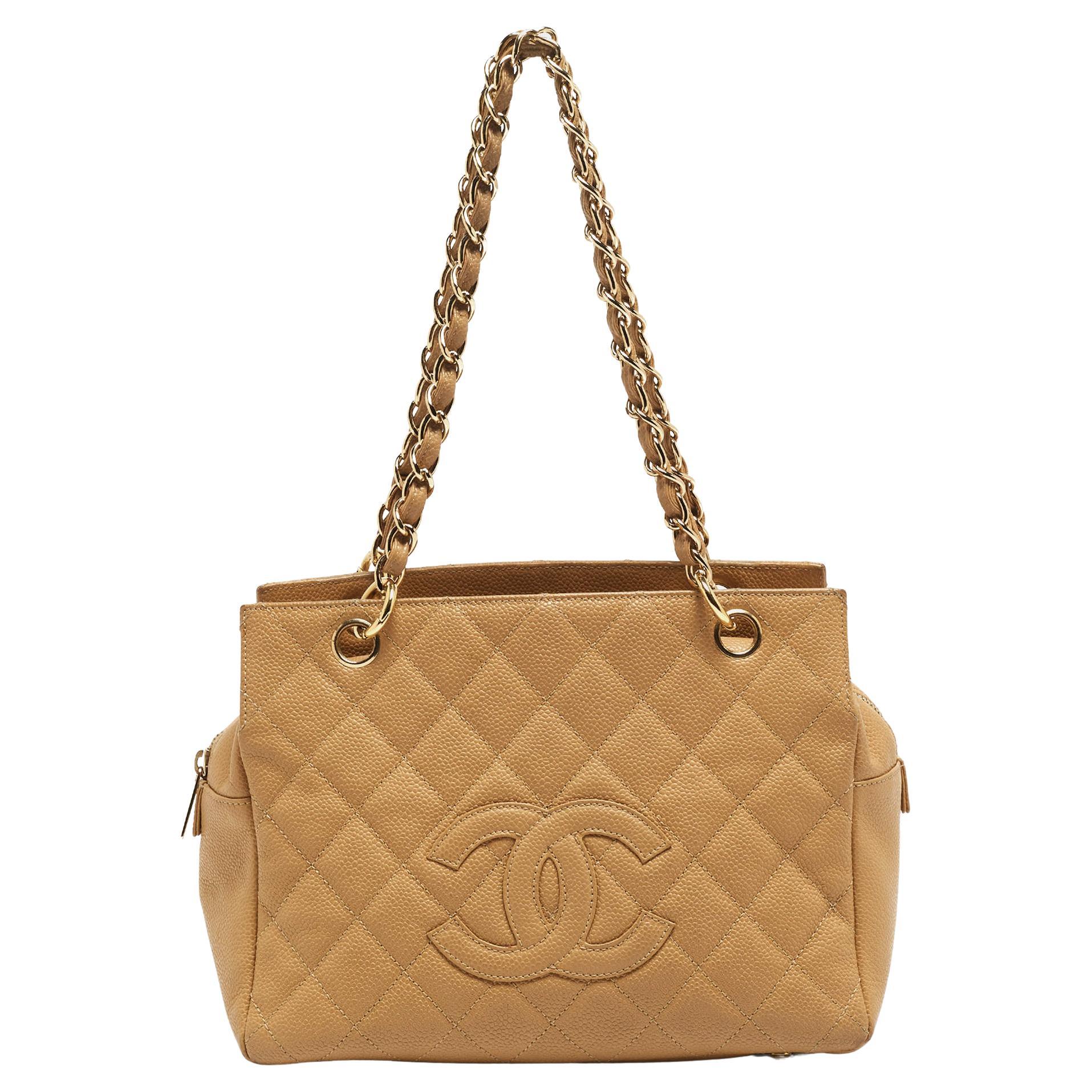 Chanel Beige Quilted Caviar Leather Petite Timeless Shopper Tote