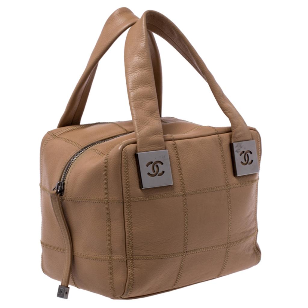 Women's Chanel Beige Quilted Caviar Leather Small Square Stitch Bowler Bag