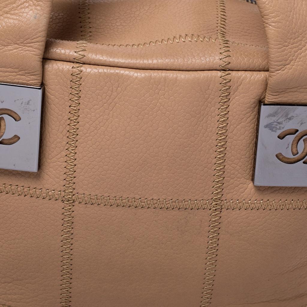 Chanel Beige Quilted Caviar Leather Small Square Stitch Bowler Bag 4